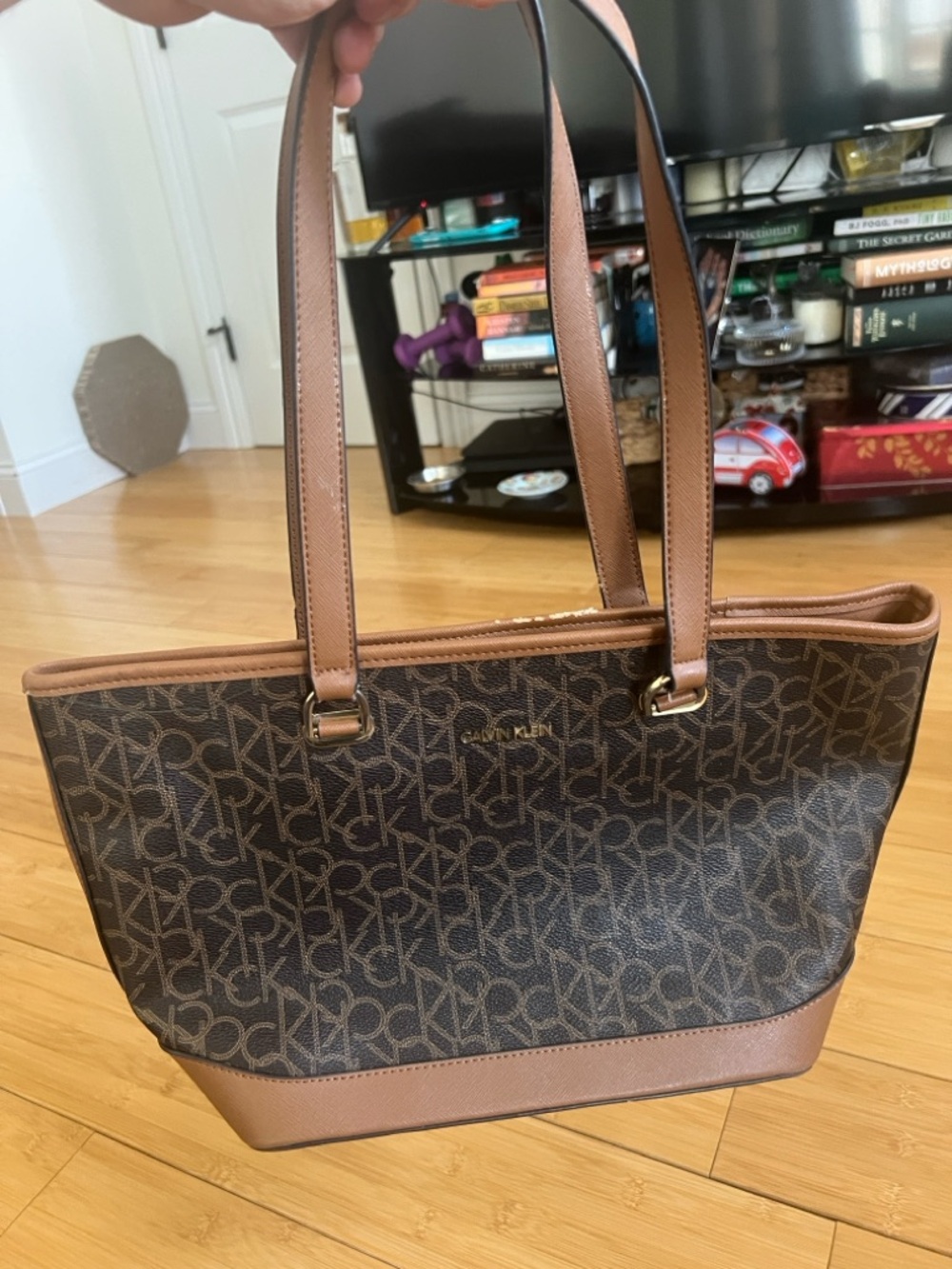Calvin Klein Dark Brown Monogram Tote with Tan Trim